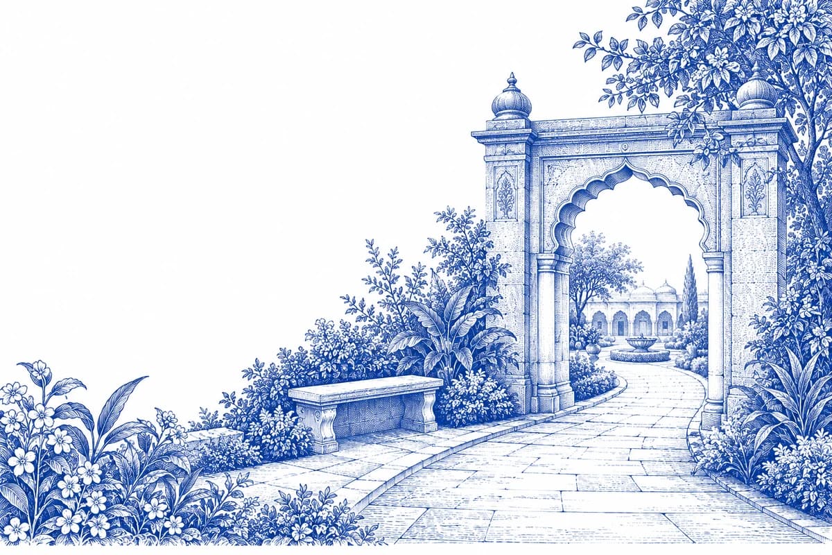 Blue hand-drawn architectural illustration